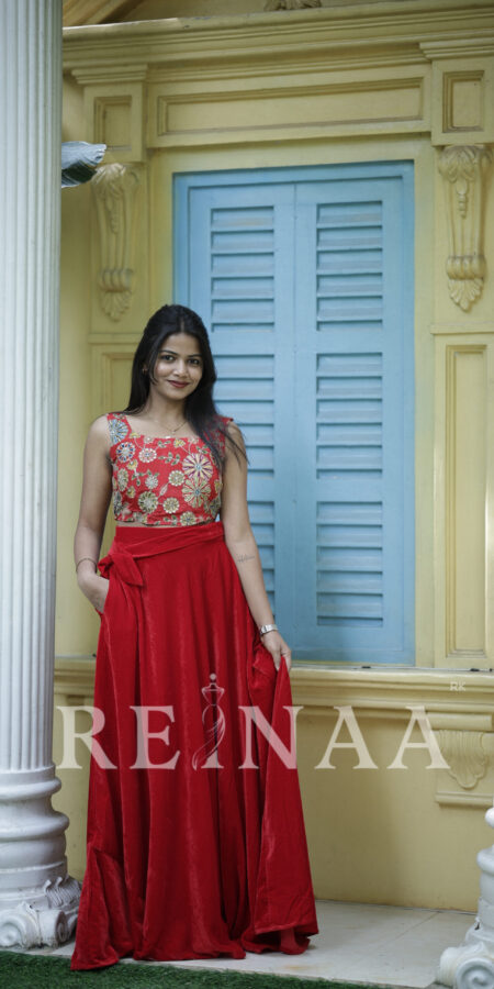 Kalamkari Printed Embroidery Top and Velvet Skirt-Red Velvet