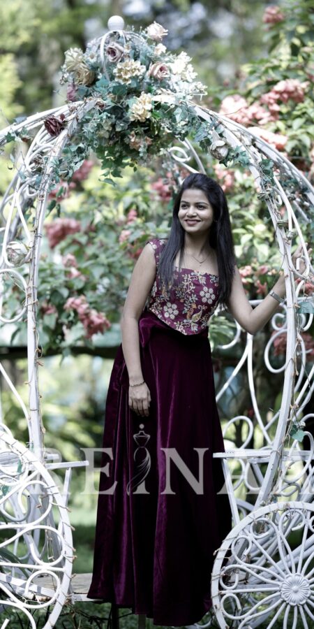 Kalamkari Printed Embroidery Top with Velvet Skirt