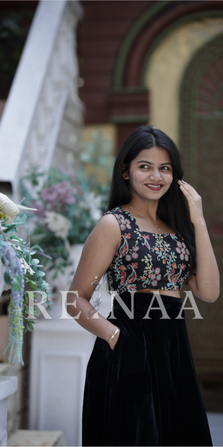 Kalamkari Printed Embroidery Top and Velvet Skirt