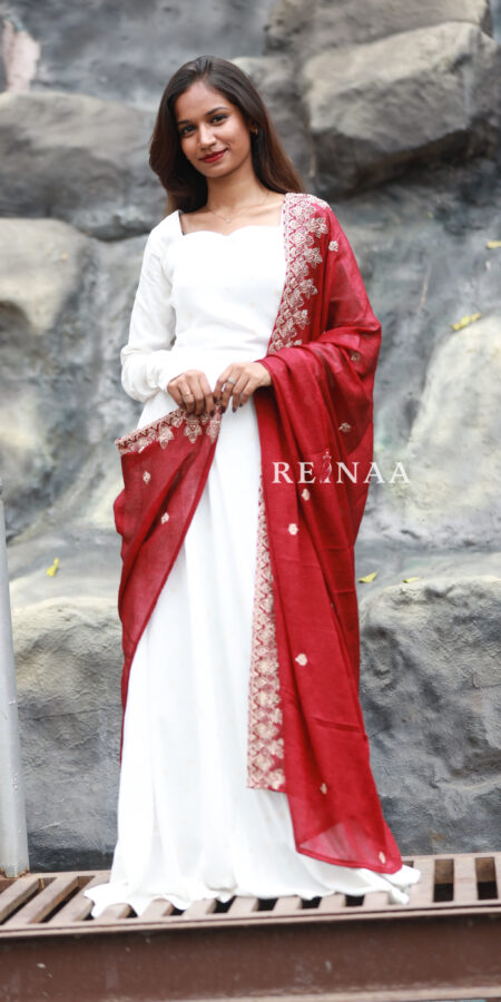 White Anarkali with Red Dupatta