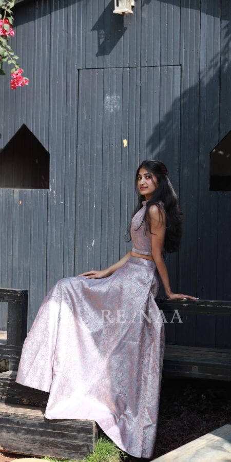 Banarasi top and skirt-Grey with Pink